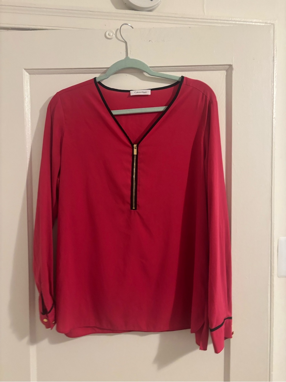 Calvin Klein Hot Pink Long-Sleeve Blouse with Black Trim